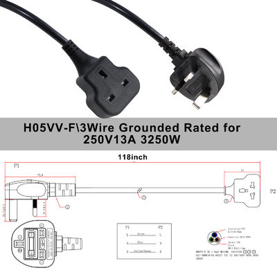 1M Cordon électrique 13A 250V Ac câble d'extension pour cuisinière à riz
