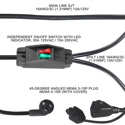 15A/125V Plug plat en ligne 1 ligne principale 2 sous Nema 515P 3Pin Y type câble d'alimentation avec commutateur