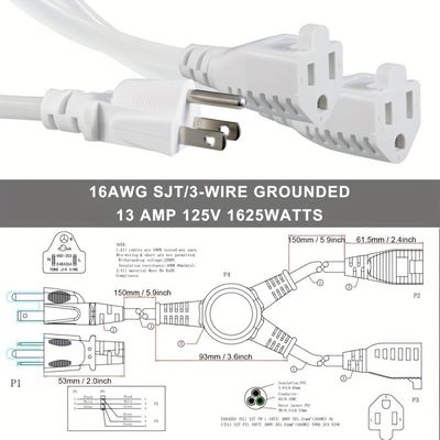 125V 13A câble électrique NEMA5-15P à NEMA 5-15R 1 à 2 Y Splitter SJT 16AWG 3 fils