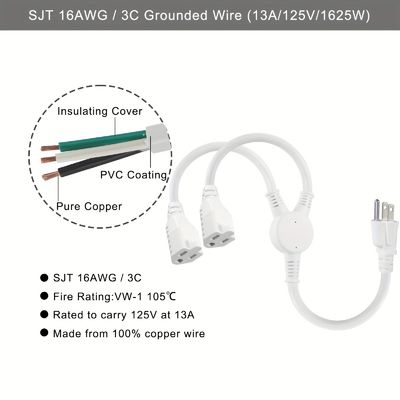 125V 13A câble électrique NEMA5-15P à NEMA 5-15R 1 à 2 Y Splitter SJT 16AWG 3 fils
