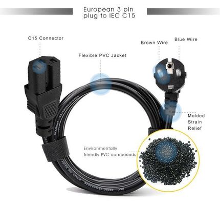 Schuko CEE 7/7 à C15 Cable électrique 250V 16A 3m