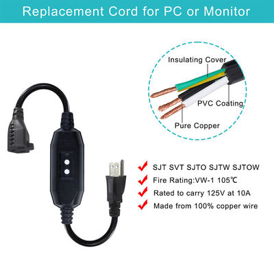 GFCI NEMA 515P à 515R Cordon d'alimentation CA pour ordinateur portable câble d'alimentation 4 pieds fil d'extension noir