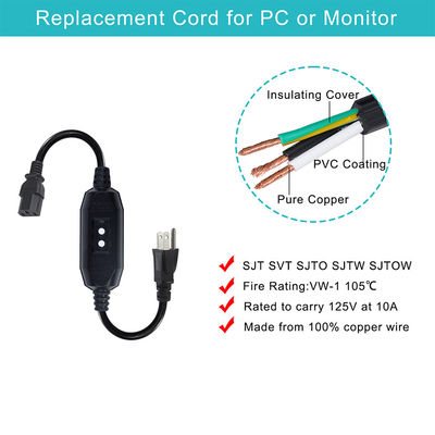 Appareil électroménager IP54 Cable extérieur avec GFCI NEMA 5-15P à IEC 60320 C13 Femme Longueur du câble 0,5 m