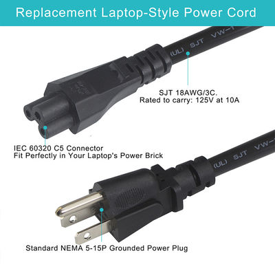 Corde d'alimentation pour ordinateur portable de 15 pieds 120 volts avec connecteur Nema 515P à IEC 320 C5 certifié