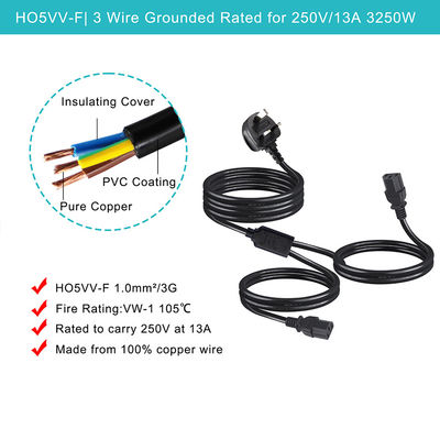 BSI approuvé Y câble d'extension de branche UK 3Pin à IEC C13 câble d'alimentation de prise féminine