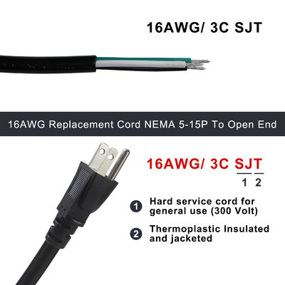 Cordon d'alimentation NEMA 5-15P vers 5-15R 0.5m SJT 16AWG 125V 15A
