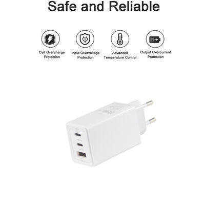 Europe GaN Tech 3Ports 65W USB C Chargeur USB-A QC3.0 Pour ordinateur portable Blanc