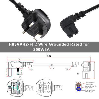 BS Computer câble AC à angle droit C7 Standard Extension 3 fil 10A 250V British Cord de puissance avec un gilet en PVC et le type de fin féminin IEC