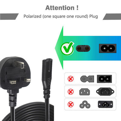 1.8M Noir 0,75 mm BS Standard Plug UK 3 broches à IEC C7 câble d'alimentation à courant alternatif avec longueur personnalisée