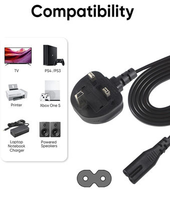 1.8M Noir 0,75 mm BS Standard Plug UK 3 broches à IEC C7 câble d'alimentation à courant alternatif avec longueur personnalisée