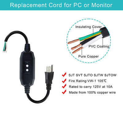 Cordon d'alimentation industriel de qualité lourde 18AWG NEMA 5-15P avec protection RCD et extrémités de fil nu pour machines et appareils ménagers