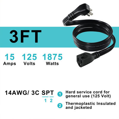 14 AWG SPT-3 câble d'alimentation à fil plat NEMA 5-15P à 5-15R prise à lame droite 15A 125V câble flexible pour usage industriel / domestique