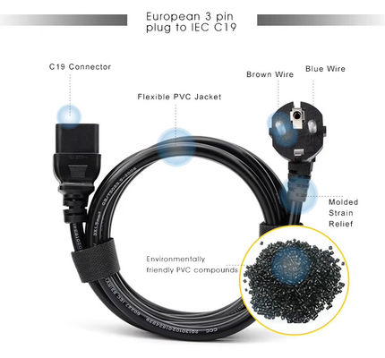 1.2M Cable électrique EU à C19 de qualité industrielle pour l'utilisation de serveurs / centres de données 10A 250V CE certifié RoHS