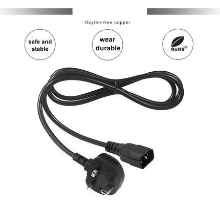 UK à C14 câble d'alimentation 1.2M 250V 10A 16AWG câble blindé pour UPS/serveur rack/appareil médical (IP67/RoHS/BS1363)