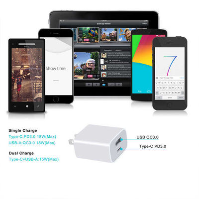 Chargeur mural double USB 18W à 2 broches US – Adaptateur d'alimentation à charge rapide Type-C et USB-A pour smartphone, tablette, appareil photo