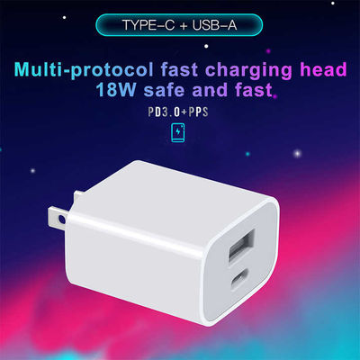 Chargeur mural double USB 18W à 2 broches US – Adaptateur d'alimentation à charge rapide Type-C et USB-A pour smartphone, tablette, appareil photo