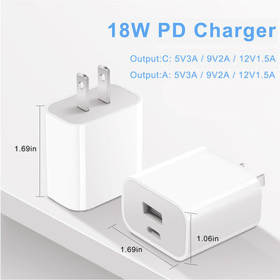 Chargeur mural double USB 18W à 2 broches US – Adaptateur d'alimentation à charge rapide Type-C et USB-A pour smartphone, tablette, appareil photo