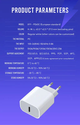 Chargeur mural à charge rapide USB-C 45W à 2 broches UE – Adaptateur secteur Type-C pour ordinateur portable, tablette, téléphone, utilisation en voyage