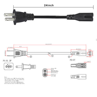 NEMA 1-15P à IEC C7 Cable d'alimentation -Plaque à la figure-8 câble de connexion pour ordinateur portable, lecteur DVD, console de jeu, petits appareils électroménagers
