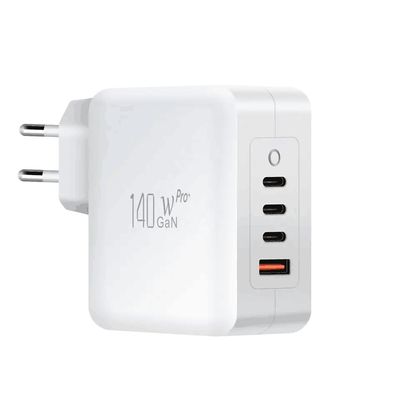 EU/AU 2 broches 140W 3XUSB-C et USB-A chargeur murale rapide pour smartphones, ordinateurs portables, tablettes. Protégé contre les surcharges et les courts-circuits. Conforme à CE et RoHS.