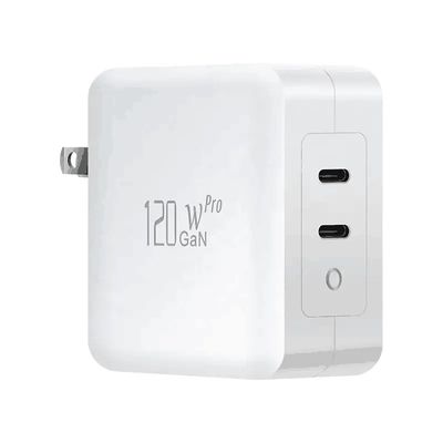 Chargeur mural US à 2 broches avec deux ports USB-C, sortie haute vitesse 120W, adaptateur de charge rapide pour ordinateur portable/tablette