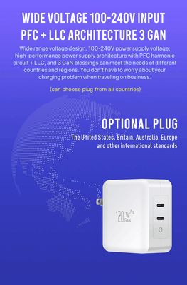 Chargeur mural US à 2 broches avec deux ports USB-C, sortie haute vitesse 120W, adaptateur de charge rapide pour ordinateur portable/tablette