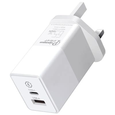 Chargeur murale à 2 broches avec ports USB-C et USB-A, adaptateur d'alimentation haute vitesse à double port de 65 W pour ordinateur portable / téléphone / tablette
