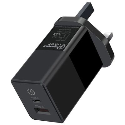 Chargeur murale à 2 broches avec ports USB-C et USB-A, adaptateur d'alimentation haute vitesse à double port de 65 W pour ordinateur portable / téléphone / tablette