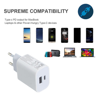 Chargeur murale EU à 2 broches avec ports USB-C et USB-A, adaptateur d'alimentation à double port compact de 20 W pour le chargement de téléphones et de tablettes