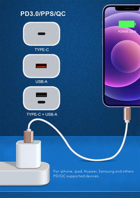 Chargeur mural USB-C et USB-A US 20W avec câble, adaptateur secteur à charge rapide pour smartphones et tablettes