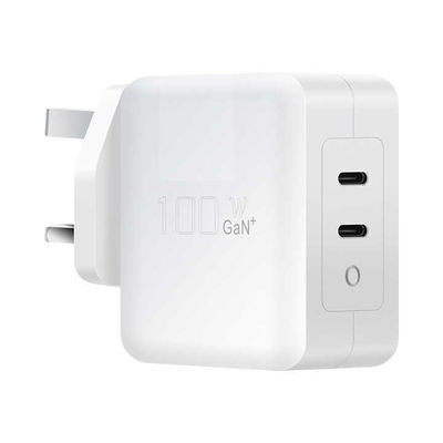 Chargeur USB-C à 2 broches UK avec deux ports, adaptateur secteur Type-C 100W haute vitesse pour ordinateurs portables, tablettes et smartphones