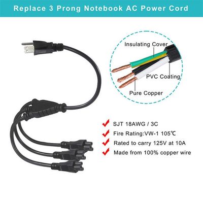 Cordon répartiteur d'alimentation NEMA 5-15P vers 4 voies IEC C5 - Câble adaptateur prise américaine vers trèfle pour ordinateur portable, adaptateur, chargeur d'ordinateur portable