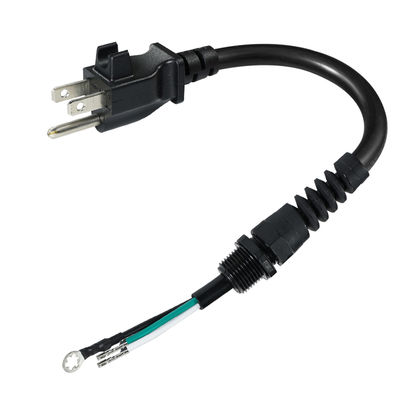 Cordon d'extension 3P à extrémité ouverte, NEMA 5-15P branche au fil nu, câble d'alimentation 14AWG avec pinceau de câble de soulagement de la contrainte, utilisation intérieure / extérieure