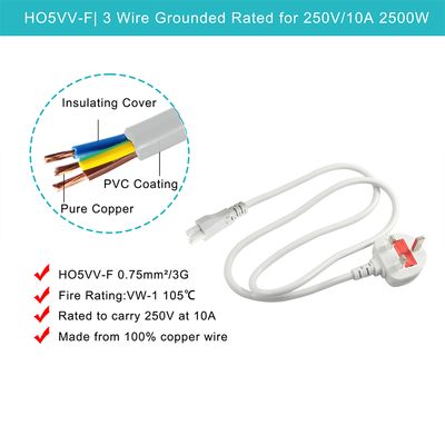 Cable gris du Royaume-Uni au câble électrique C5 1.5M à trois branches 250V 2.5A